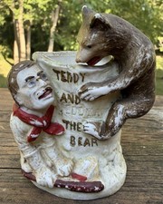 Antique Teddy & The Bear Theodore Roosevelt Toothpick Holder-bisque-1900's picture