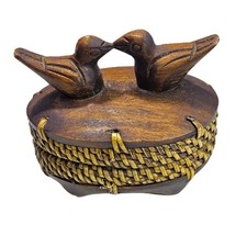 Vintage Wooden Trinket Box Hand Carved Birds Rattan Sides Circa 1960s picture