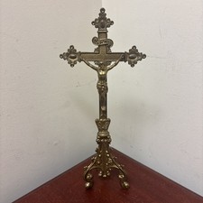 Vintage Brass Standing Crucifix Religious Altar Cross Jesus INRI Tripod Base 12” picture