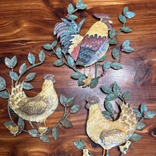 Vtg Metal Rooster Hens Chicks Wall Decor Rustic Farmhouse Country Kitchen Set picture