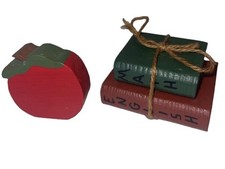 Cute Vintage Miniature Two Figurines Wood Books And Apple picture