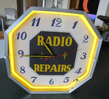 VINTAGE ORIGINAL 1940's NEON RADIO REPAIR CLOCK - RUNS GREAT NEW TRANSFORMER picture