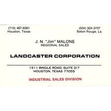 J.N. Jim Malone Landcaster Corp Houston Vintage Business Card SE5-B3 picture