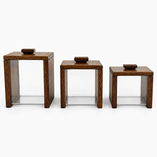 Rare Vintage 1970’s  3-Piece  Solid Oak & Acrylic Canister Set picture