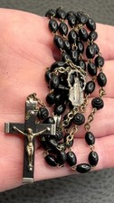 Vintage Catholic Rosary Black Wood  Bead Necklace Crucifix Cross Silver Tone picture