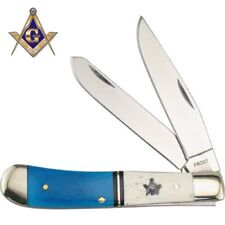 Beautiful Masonic Pocket Knife - Trapper Pattern - Blue & White Bone Handles  picture
