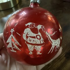 Vtg Rare Shiny Brite Jumbo 4 ” Red Xmas Ornament Santa Feeding Deer Stencil picture