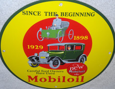 VINTAGE 1898 FORD VEHICLE & 1929 MODEL T USE MOBIL MOBILOIL PORCELAIN METAL SIGN picture
