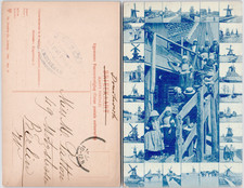 Netherlands Marken 1906 Blue Tint Traditional Costumes Windmill Village Postcard picture