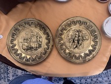 Vintage Pair Brass-Tone Metal Wall Plates Embossed Dutch Village Scenes picture