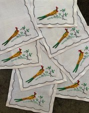 Vintage Cocktail Napkins Madeira Embroidered Pheasants Game Birds Set of 8 picture