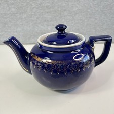 Hall's China Ceramic Cobalt Blue Teapot Gold Leaf + Lid MT36 Vintage 1930s picture