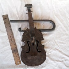 Vtg / Antique large violin Shaped PadLock Lock W/ skeleton key (READ) picture