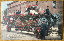 1909 PORTLAND FIRE DEPARTMENT Oregon color photo postcard ROSE FESTIVAL PARADE picture