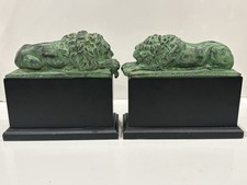 Vtg Sleeping Lions Bronze Patina and Wood Tone Bookends Statues Pair picture