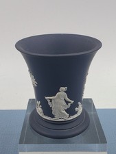 Vintage Wedgwood 2.75” Cobalt Blue Jasperware Vase Greek Mythology 1972 England picture