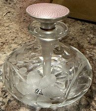 ABP Art Deco Cut Glass Perfume Cologne Bottle Pink Guilloche Enamel Sterling picture