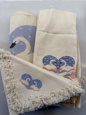 Vintage Swan Kitchen Linen Lot Placemats Napkins Towels Fringe Blue Pink Cottage picture
