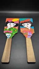 VTG Pair Japanese Hagoita Wooden Fan Paddles Hanetsuki New Year Lucky Charm picture