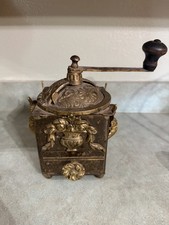 Antique French Coffee Grinder,  Spice grinder. Brass Valkyries, cherub, floral.  picture
