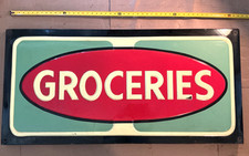 VINTAGE 1930’s-1950’s EMBOSSED PORCELAIN GROCERIES ADVERTISING SIGN - 24” X 50” picture