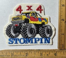 Vintage Monster Truck 4x4 Stompin Iron On Felt Patch Yellow Pickup Truck picture