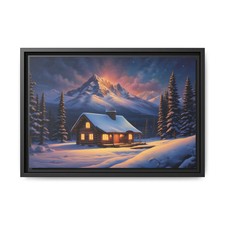 Snowy Cabin at Dusk Framed Canvas Wall Art Winter Mountain Log Cabin Decor picture