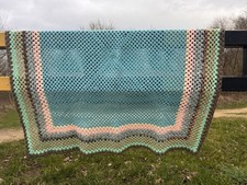 Vintage 70s hand-Crochet pastels Wool Granny  Blanket Bedspread Throw 60-70s picture