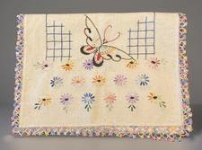 VTG Hand Embroidered Table Runner  Dresser Scarf Flax Linen Butterflies 17x52 picture