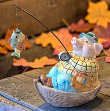 Fitz and Floyd Pig Fishing Earthenware Covered Dish   Excellent Condition picture