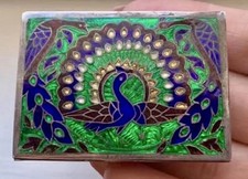 Gorgeous Antique Small Sterling Silver & Enamel Peacock Bird Hinged Box Decor picture