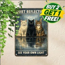 Trio Of Cats Reflection Water Sign Charming Feline Companion Metal Plaque 8x12 picture