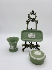 Vintage Wedgwood Sage Green Jasperware 3 Piece Trinket Box Tray Vase Set picture