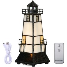 Bieye L10727 Lighthouse Tiffany Style Stained Glass Accent Table Lamp Night L... picture