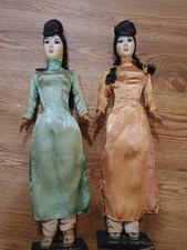 Vintage Souvenir Vietnamese Dolls Ao Dai Dress Silk Brocade Lot Of 2   16 Inches picture