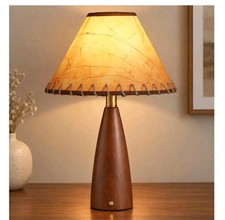 Mid Century Modern Touch Table Lamp with Brown Wooden Base New picture