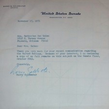 1971 Barry Goldwater Signed US Senate Letter Phoenix constituent UN Remarks picture