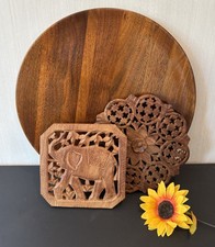 Vintage Mid Century Teak Wood Serving Tray Handcarved Trivets Woodlets Hot Plate picture