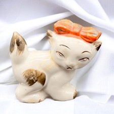 Vintage Ceramic Minis Kitschy Critter Kitty Cat Figurine Attitude W Red Bow 2”T picture