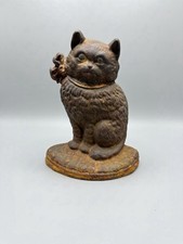 Antique 1930s Cast Iron Sitting Cat Doorstop Figurine Ribbon Bow Cushion Base picture