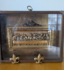 Vintage Last Supper 3D Wall Plaque,Wooden Frame Bronze Relief Art Catholic 13