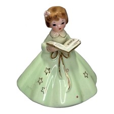 Vintage Ceramic Girl Figurine Green Dress Songbook Gold Stars Pink Rose Hair picture