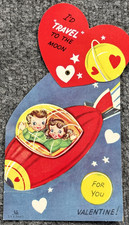 Vintage Valentine Card Astronaut Rocket Mechanical Id Travel To The Moon 7.5