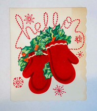 Vintage Mechanical Christmas Card Flocked Mittens Mid Century Made in USA picture