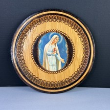 Vintage Pyrography Our Lady Of Fatima Round Wood Plaque Wall Decor picture