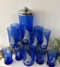 Vintage Hazel Atlas Cobalt Blue Sailboat Cocktail Shaker & glass Set. 11 Pieces. picture