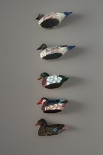 Lot Of 5 Vintage All Wood Miniature Hand Painted Duck Decoy Statues . picture