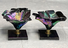 RARE 2 Antique Free Hand Iridescent Art Glass Footed Vases Brass Stem  SIGNED picture