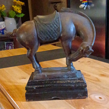 Tang Dynasty War Horse Heavy Bronze Sculpture On wood Base Head Down 7.5
