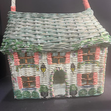 VTG Hand Painted Wicker House Shape Timmy Woods 18”x12”x9” Storage/Easter Basket picture